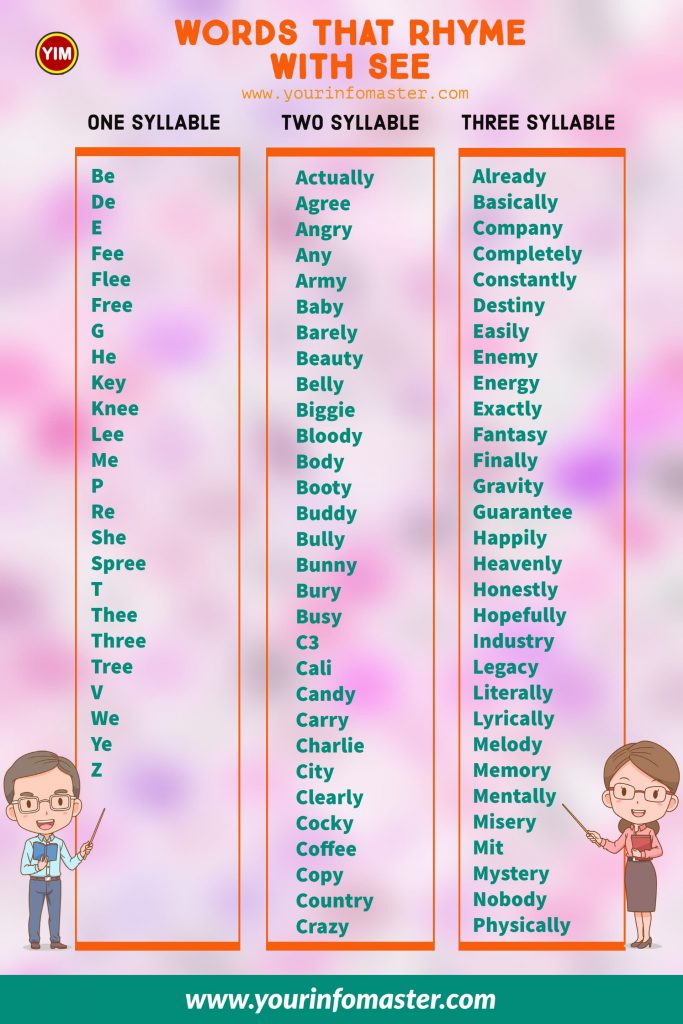 100 rhyming words, 1000 rhyming words, 200+ Interesting Words, 200+ Useful Words, 300 rhyming words list, 50 rhyming words list, 500 rhyming words, all words that rhyme with See, Another word for See, are rhyming words, how to teach rhyming words, Interesting Words that Rhyme in English, Printable Infographics, Printable Worksheets, rhymes English words, rhymes with See infographics, rhyming pairs, Rhyming Words, Rhyming Words for Kids, rhyming words for See, Rhyming Words List, See rhyme, See rhyme examples, See Rhyming words, Things that rhyme with See, what are rhyming words, what rhymes with See, words rhyming with See, Words that Rhyme, Words That Rhyme with See