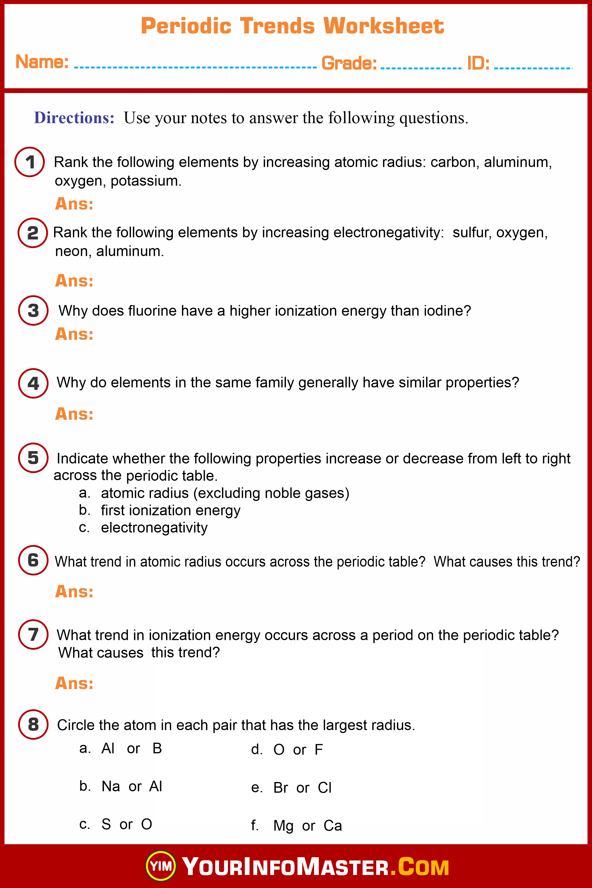 Chemistry Worksheets, Free Worksheets pdf, Periodic Trends Worksheet, Worksheet