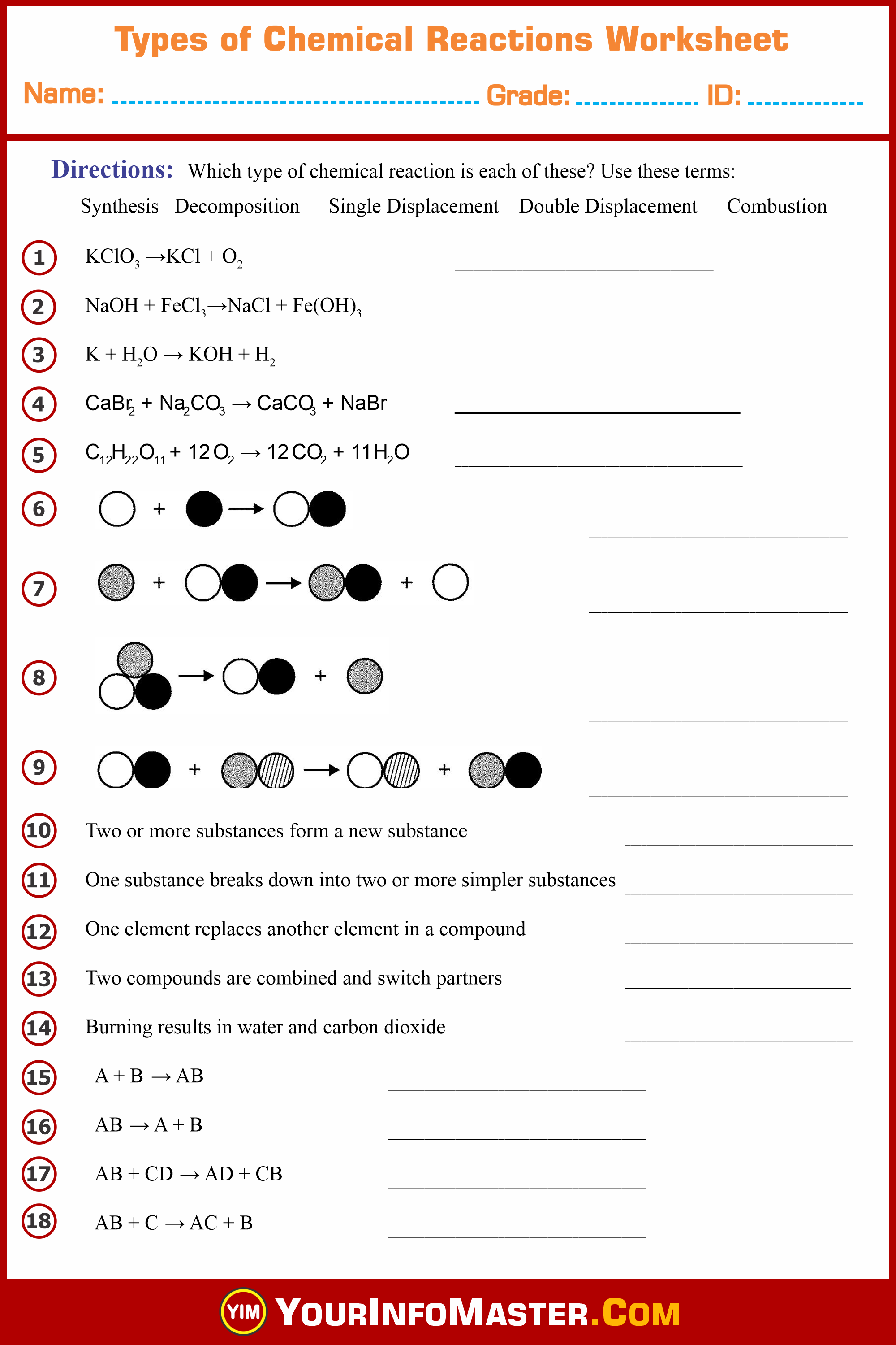 Chemistry Worksheets, Free Worksheets pdf, Types of Chemical Reactions Worksheet, Worksheet